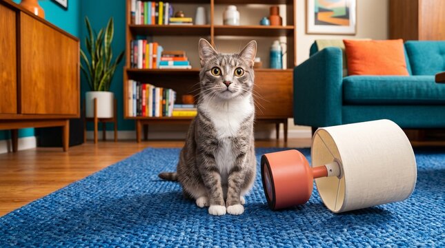 Cat sits beside a fallen table lamp in a colorful living room