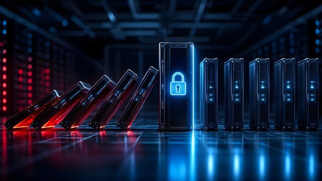 Data center server racks falling like dominoes stopped by a secure server with a glowing padlock representing cybersecurity and network protection
