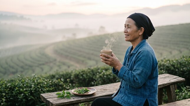 Highland tea maker tastes a fresh dawn infusion in Vietnam