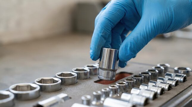 Mechanic with blue gloves selecting a chrome socket from a tool set in a workshop representing maintenance