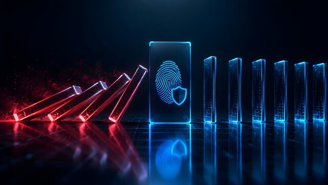 Glass blocks falling as dominoes stopped by a glowing digital shield with biometric fingerprint scan representing identity theft protection