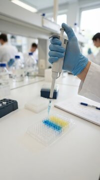 Female caucasian scientist using a multichannel pipette in a biology laboratory with microplates