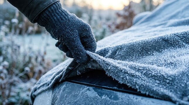 Person wearing warm gloves removing a frosty car cover on a cold winter morning concept