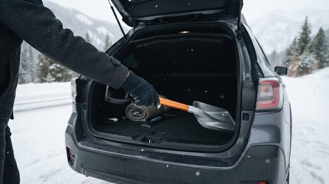 Person loading a snow shovel into the trunk of a car during a winter road trip in the mountains