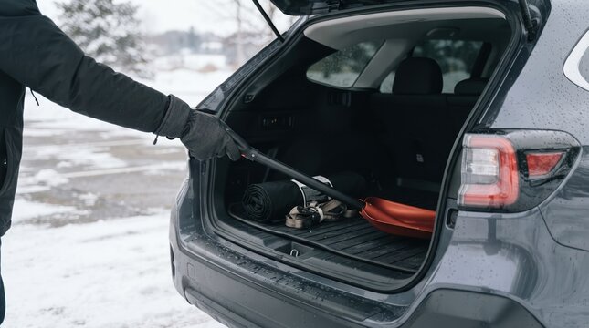 Man grabbing orange snow shovel from car trunk in winter parking lot