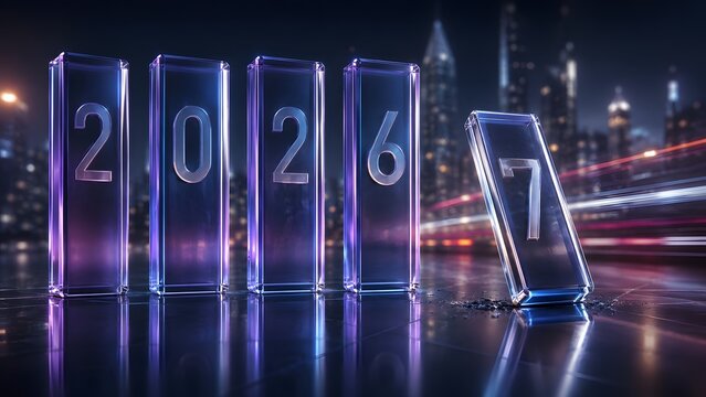 Glass blocks displaying the year 2026 with the number 7 falling representing the transition to the new year 2027 and future planning