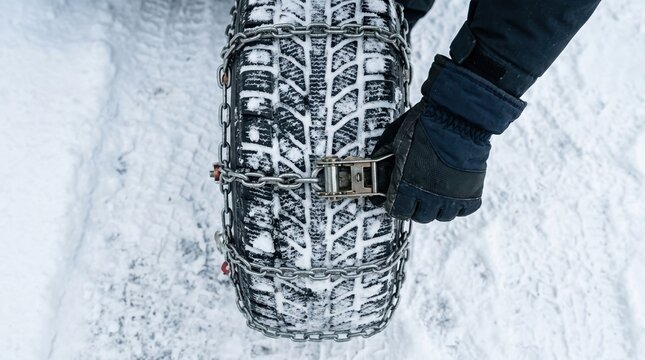 Person installing snow chains on a car tire in winter, preparing vehicle for safe driving on icy and snowy roads
