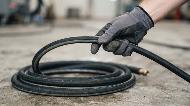 Industrial worker holding a coiled rubber hose in a factory setting for maintenance and repair work