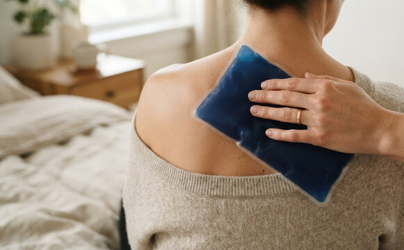 Woman applying ice pack on upper back for pain relief in bedroom