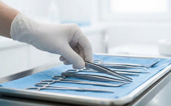 Surgeon holding medical tweezers over a surgical instrument tray in a sterile operating room environment