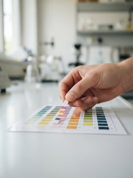 Scientist checking pH levels with litmus paper test strip against color chart in laboratory