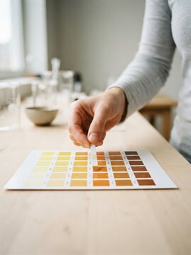 Woman comparing pH test strip with color chart results at wooden table in laboratory