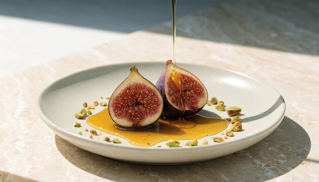 ripe figs cut open with flowing golden honey and crushed pistachios on elegant ceramic plate