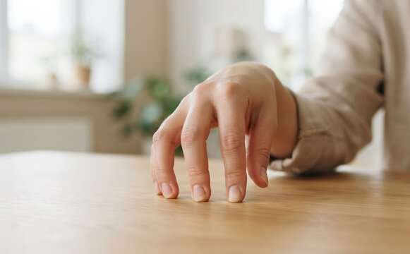 Adult Caucasian woman tapping fingers nervously on wooden desk representing impatience and boredom