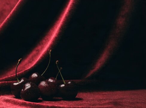 glossy dark red cherries with water droplets placed on luxurious burgundy velvet fabric