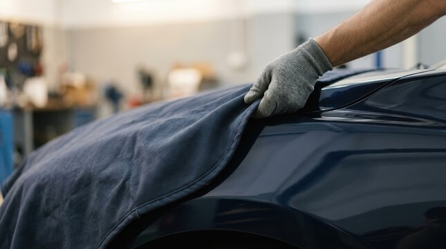 Mechanic covering dark blue luxury car with protective cloth in auto repair shop service garage