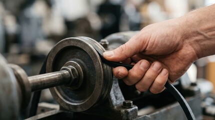 Fototapeta premium A male mechanic inspecting and installing a rubber drive belt on a mechanical pulley system in a workshop