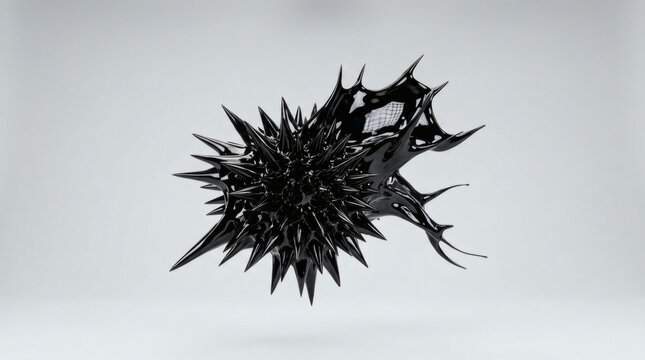 Futuristic abstract black ferrofluid liquid sculpture floating in mid air with sharp magnetic spikes and glossy mirror reflections on clean minimalist light grey studio background copy space