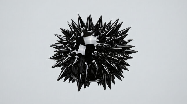 Futuristic abstract black ferrofluid liquid sculpture floating in mid air with sharp magnetic spikes and glossy mirror reflections on clean minimalist light grey studio background copy space