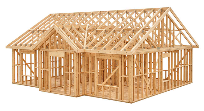 Wooden house construction framing structure frame isolated on white background high quality 4K PNG image in white background