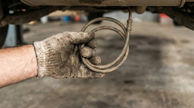 A mechanic holding a damaged car brake line underneath a vehicle in a repair shop for maintenance