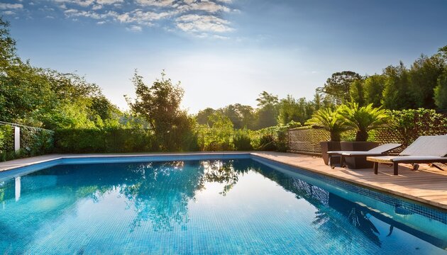 sunlit terrace swimming pool adjacent to lush garden area