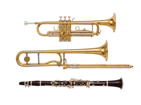 Brass trumpet and trombone alongside a wooden clarinet musical instruments arranged in a row PNG Isolated on transparent background