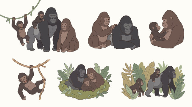 Illustrations of Gorilla Family Interactions Featuring Adults and Babies in Jungle Settings