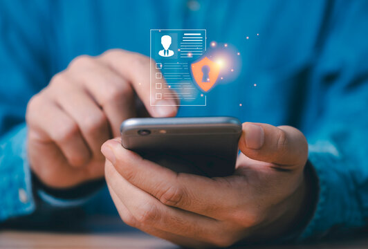Data privacy and protection on smartphone with secure identity verification, encrypted authentication, personal information security, secure login, cybersecurity and digital data protection technology