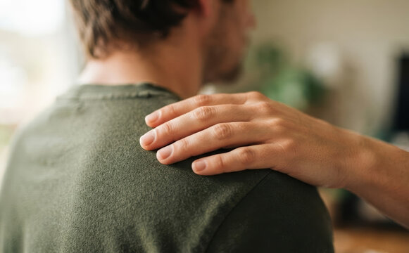 Young adult man receiving comforting touch on shoulder from friend in supportive gesture