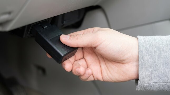Man plugging OBD2 scanner device into car diagnostic port for vehicle health check and troubleshooting