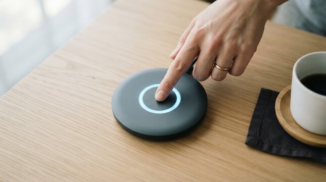 Person pressing smart home device control button on wooden table with coffee cup nearby
