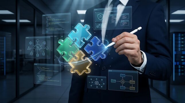Businessman uses stylus to connect glowing puzzle pieces with data visualizations