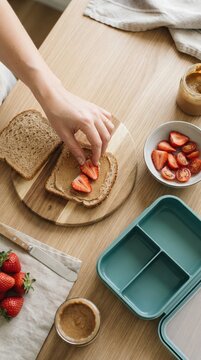 Woman making healthy sandwich with peanut butter and strawberries for lunch box on wooden table