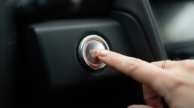 Woman pushing car engine start button inside modern vehicle interior for concept of transportation journey