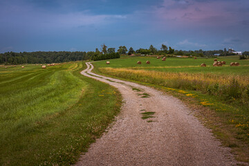 Obraz premium Curved dirt footpath on the meadow and stormy clouds at sunset in Middlebury, Vermont