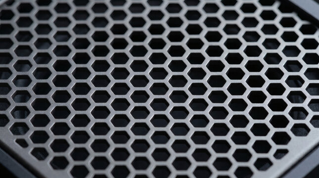 Futuristic abstract dark grey anodized titanium metal mesh grid texture with micro hexagonal perforated holes laser cut precision high tech electronics industrial design background