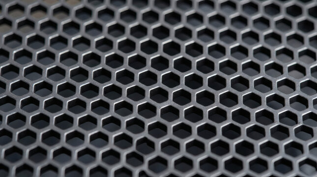 Futuristic abstract dark grey anodized titanium metal mesh grid texture with micro hexagonal perforated holes laser cut precision high tech electronics industrial design background