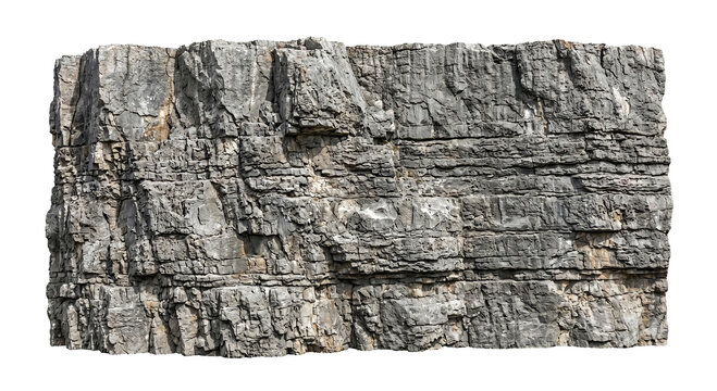 Large block of rugged natural gray granite stone with layered geological textures high quality 4K PNG image in white background