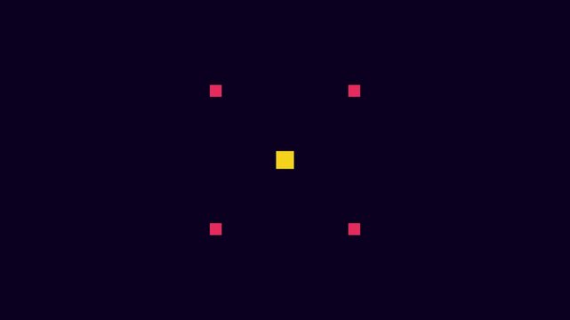 Minimalist motion featuring pulsing geometric squares and central yellow dot on dark animation 4k background