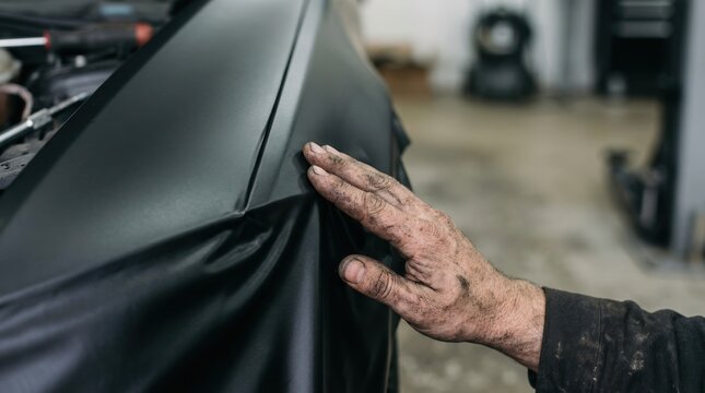 Professional mechanic wrapping a car with matte black vinyl film in an automotive workshop