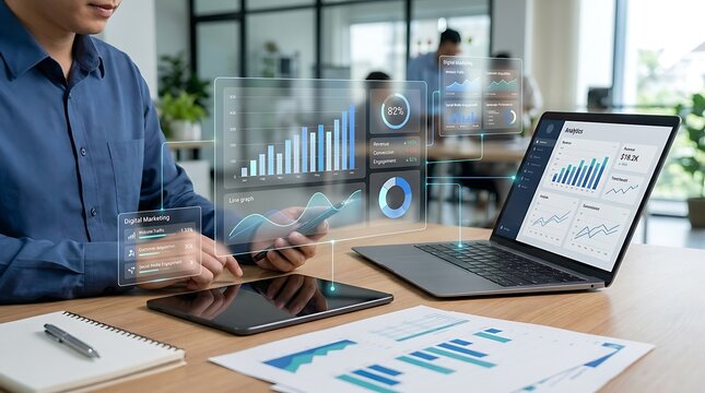 Man using futuristic augmented reality interface for business analytics