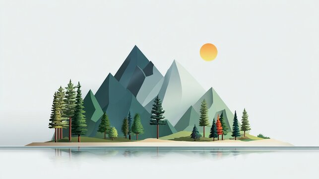 Minimalist Mountain Landscape with Trees and Sun