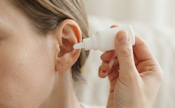 Young adult woman applying liquid medicine using drops into her ear canal for treatment