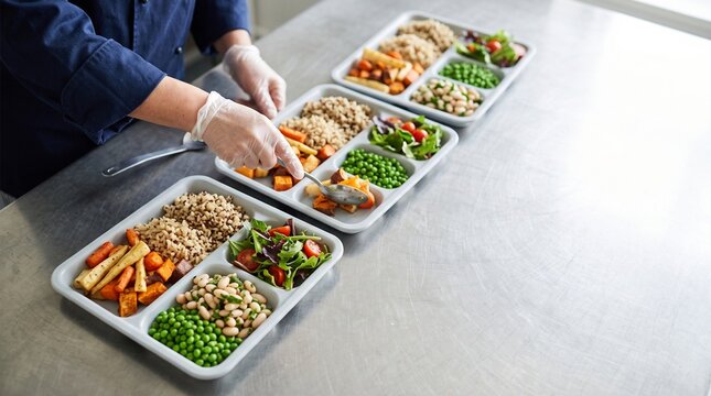 Balanced vegetable lunch trays assembled for school meal service