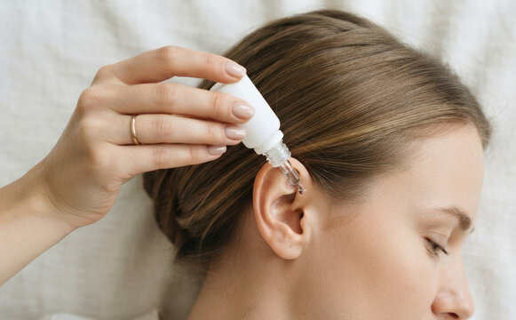 Young caucasian woman applying medicinal ear drops into her ear canal with a dropper bottle for treatment