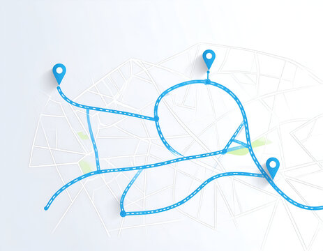 A stylized map featuring a dashed blue travel path with three location pins over a grid of thin gray street lines.