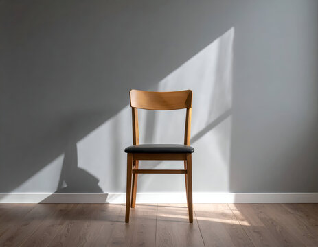 A solitary wooden dining chair with a black seat stands against a plain grey wall illuminated by geometric sunlight.
