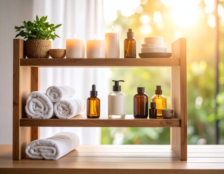 A two-tiered wooden shelf displays candles, bottles of essential oils, a small plant, and rolled white towels.
