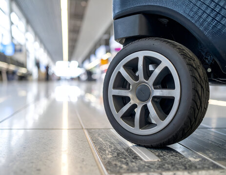 Close-up of a rolling luggage suitcase wheel on a polished airport terminal floor.